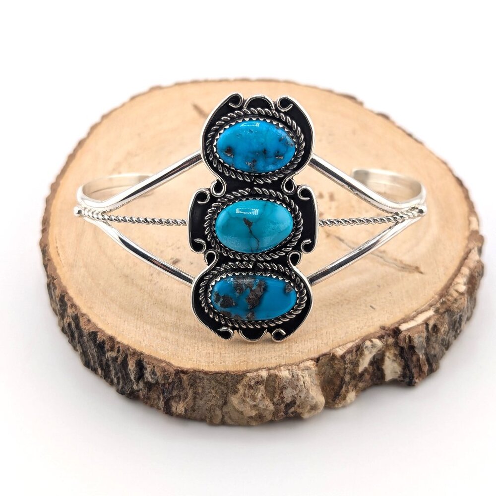 Navajo Kingman 3-Stones Turquoise Bracelet Sterling Silver Jewelry Sz 7.25in.***